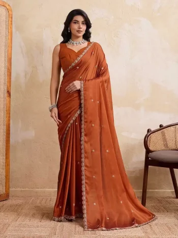 RICH LOOK RANGOLI SILK EMBROIDERY CUTWORK WORK LACE BORDER WORK SAREE WITH UNSTITCHED BLOUSE ORANGE