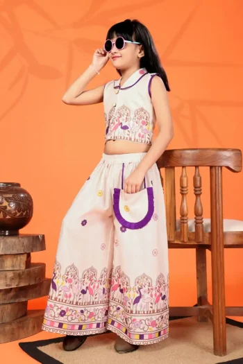 RICH LOOK RAYON DIGITAL PRINT WORK KID'S TOP PALAZZO SET CREAM