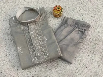 RICH LOOK RAYON SILK EMBROIDERY SEQUENCE WORK MEN'S KURTA PAYJAMA GREY