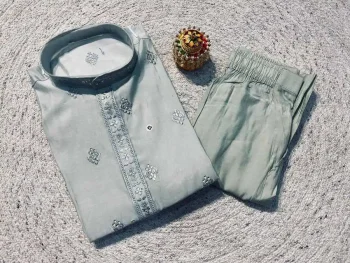 RICH LOOK RAYON SILK EMBROIDERY SEQUENCE WORK MEN'S KURTA PAYJAMA SKY