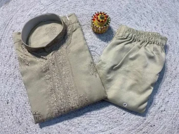 RICH LOOK RAYON SILK EMBROIDERY SEQUENCE WORK MEN'S KURTA PAYJAMA PISTA
