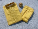 RICH LOOK RAYON SILK EMBROIDERY SEQUENCE WORK MEN'S KURTA PAYJAMA YELLOW