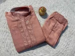 RICH LOOK RAYON SILK EMBROIDERY SEQUENCE WORK MEN'S KURTA PAYJAMA PEACH