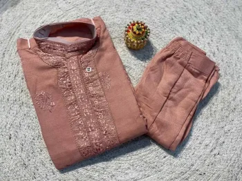 RICH LOOK RAYON SILK EMBROIDERY SEQUENCE WORK MEN'S KURTA PAYJAMA PEACH