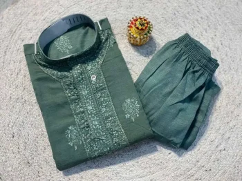 RICH LOOK RAYON SILK EMBROIDERY SEQUENCE WORK MEN'S KURTA PAYJAMA RAMA