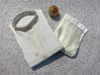 RICH LOOK RAYON SILK EMBROIDERY SEQUENCE WORK MEN'S KURTA PAYJAMA WHITE