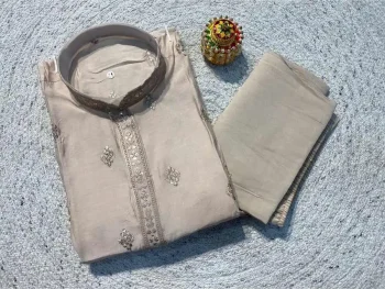 RICH LOOK RAYON SILK EMBROIDERY SEQUENCE WORK MEN'S KURTA PAYJAMA CREAM