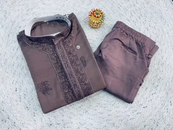 RICH LOOK RAYON SILK EMBROIDERY SEQUENCE WORK MEN'S KURTA PAYJAMA PURPLE