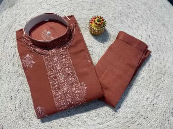 RICH LOOK RAYON SILK EMBROIDERY SEQUENCE WORK MEN'S KURTA PAYJAMA ORANGE