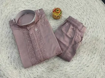 RICH LOOK RAYON SILK EMBROIDERY SEQUENCE WORK MEN'S KURTA PAYJAMA LAVENDER