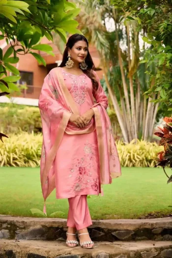 RICH LOOK ROMAN SILK EMBROIDERY WORK TOP BOTTOM WITH DUPATTA PEACH
