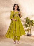 RICH LOOK ROMAN SILK MULTI-THREAD & SEQUENCE EMBROIDERY WITH HANDWORK TOP BOTTOM WITH DUPATTA PARROT GREEN
