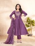 RICH LOOK ROMAN SILK MULTI-THREAD & SEQUENCE EMBROIDERY WITH HANDWORK TOP BOTTOM WITH DUPATTA PURPLE