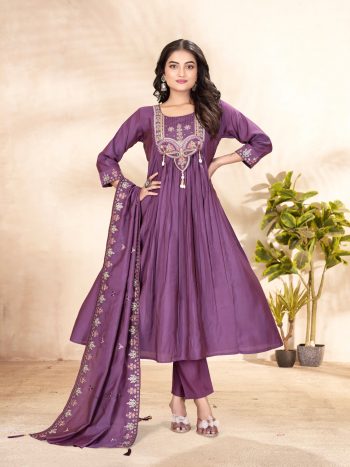 RICH LOOK ROMAN SILK MULTI-THREAD & SEQUENCE EMBROIDERY WITH HANDWORK TOP BOTTOM WITH DUPATTA PURPLE