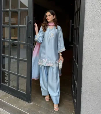 RICH LOOK SATIN SILK EMBROIDERY SEQUENCE WORK TOP PATIYALA WITH DUPATTA SKY