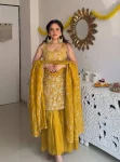 RICH LOOK SHIMMER SILK SEQUENCE WITH THREAD WORK TOP SHARARA WITH DUPATTA YELLOW