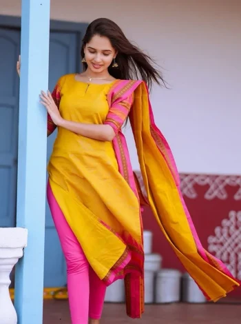 RICH LOOK SILK COTTON JACQUARD JARI WEAVING WORK TOP WITH DUPATTA YELLOW