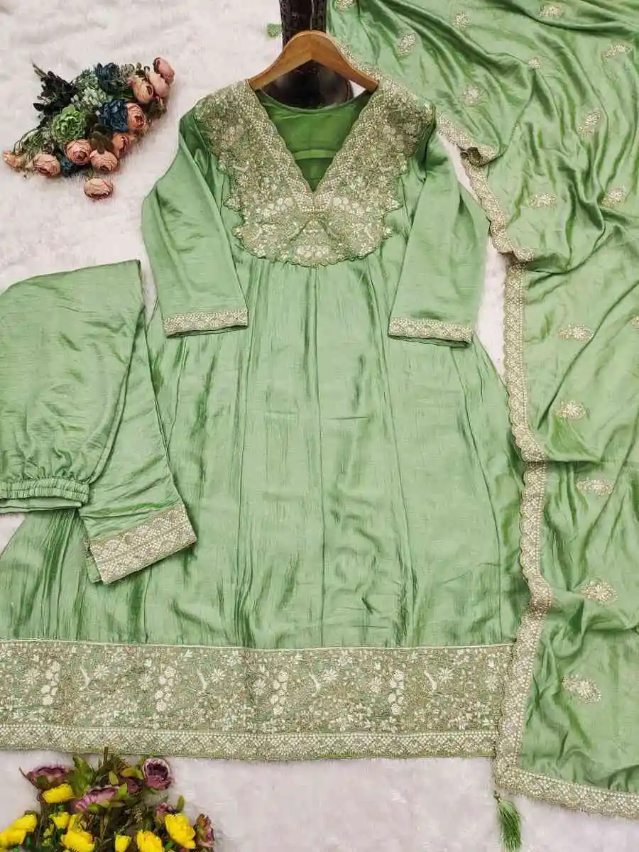 RICH LOOK SILK EMBROIDERY SEQUENCE CODING WORK TOP BOTTOM WITH DUPATTA FESTIVE WEAR WHOLESALE PRICE ETHNIC GARMENT (8)