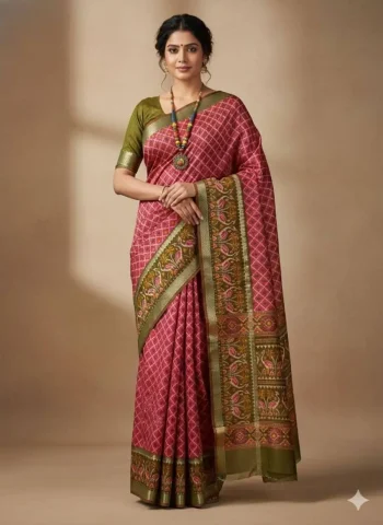 RICH LOOK SILK PATOLA PRINT DESIGN WITH GADWAL BORDER WORK SAREE WITH UNSTITCHED BLOUSE PINK