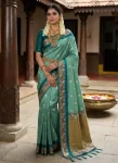RICH LOOK SILK ZARI JACQUARD BORDER SWAN WITH MEENA & SAREE BODY IN SILVER & GOLD ZARI FLOWER BUTTI WORK SAREE WITH UNSTITCHED BLOUSE RAMA