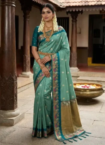 RICH LOOK SILK ZARI JACQUARD BORDER SWAN WITH MEENA & SAREE BODY IN SILVER & GOLD ZARI FLOWER BUTTI WORK SAREE WITH UNSTITCHED BLOUSE RAMA
