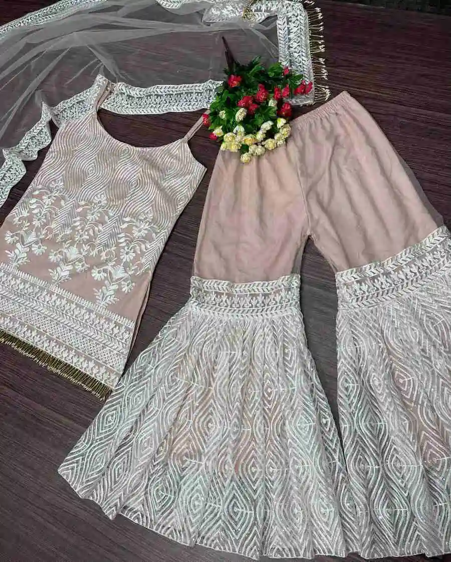 RICH LOOK SOFT NET CHAIN SEQUENCE WORK TOP SHARARA WITH DUPATTA WEDDING WEAR WHOLESALE PRICE ETHNIC GARMENT (10)