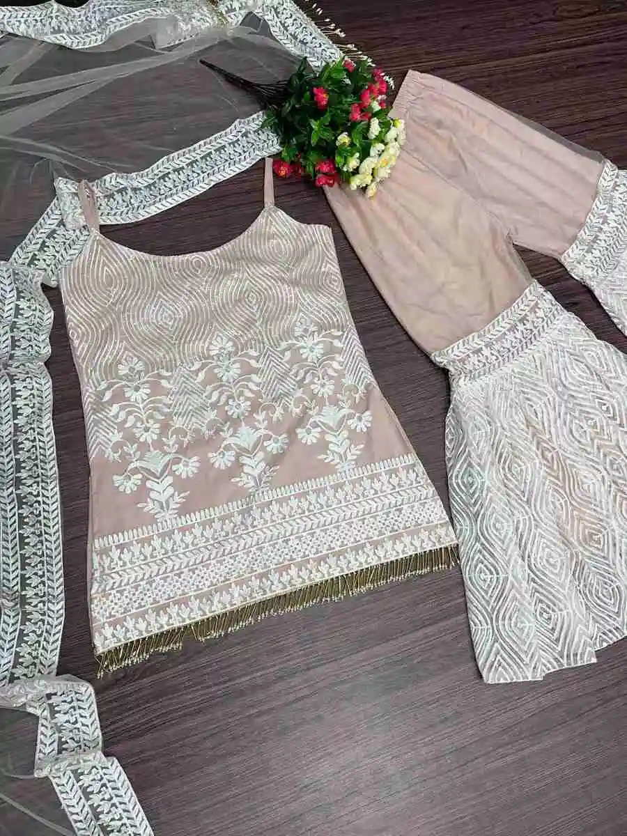 RICH LOOK SOFT NET CHAIN SEQUENCE WORK TOP SHARARA WITH DUPATTA WEDDING WEAR WHOLESALE PRICE ETHNIC GARMENT (7)