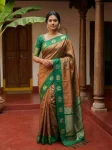 RICH LOOK SOFT SILK ZARI WORK COPPER & SILVER FANCY BUTTI WITH SATIN BORDER WORK SAREE WITH UNSTITCHED BLOUSE CHIKU AND GREEN
