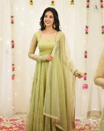 RICH LOOK TABBY ORGANZA BEADS HAND WORK AND EMBROIDERY WORK ANARKALI BOTTOM WITH DUPATTA GREEN
