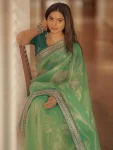 RICH LOOK TWILL NET SEQUENCE EMBROIDERY LACE WORK SAREE WITH UNSTITCHED BLOUSE GREEN