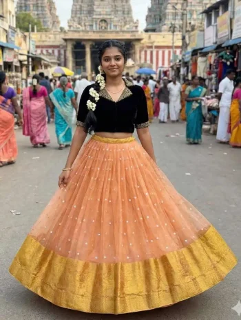RICH LOOK VELVET AND ORGANZA MAGGAM WORK LEHENGA CHOLI PEACH
