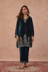 RICH LOOK VELVET CODING SEQUENCE EMBROIDERY WORK TOP PALAZZO WITH DUPATTA BLUE