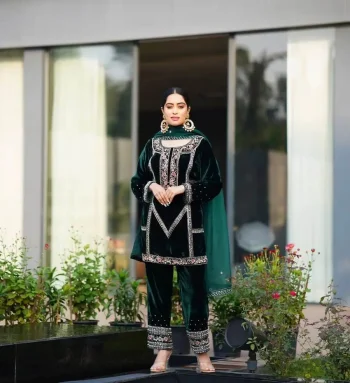 RICH LOOK VELVET EMBROIDERY 5 MM SEQUENCE WORK TOP BOTTOM WITH DUPATTA GREEN