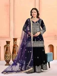 RICH LOOK VELVET EMBROIDERY CODING SEQUENCE WORK TOP PALAZZO WITH DUPATTA NAVY BLUE