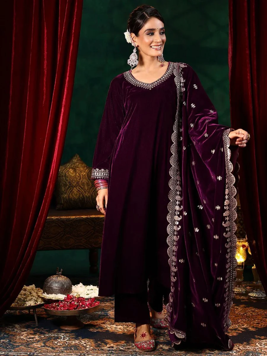 RICH LOOK VELVET SEQUENCE CODING EMBROIDERY WORK TOP BOTTOM WITH DUPATTA FESTIVE WEAR WHOLESALE PRICE ETHNIC GARMENT (3)
