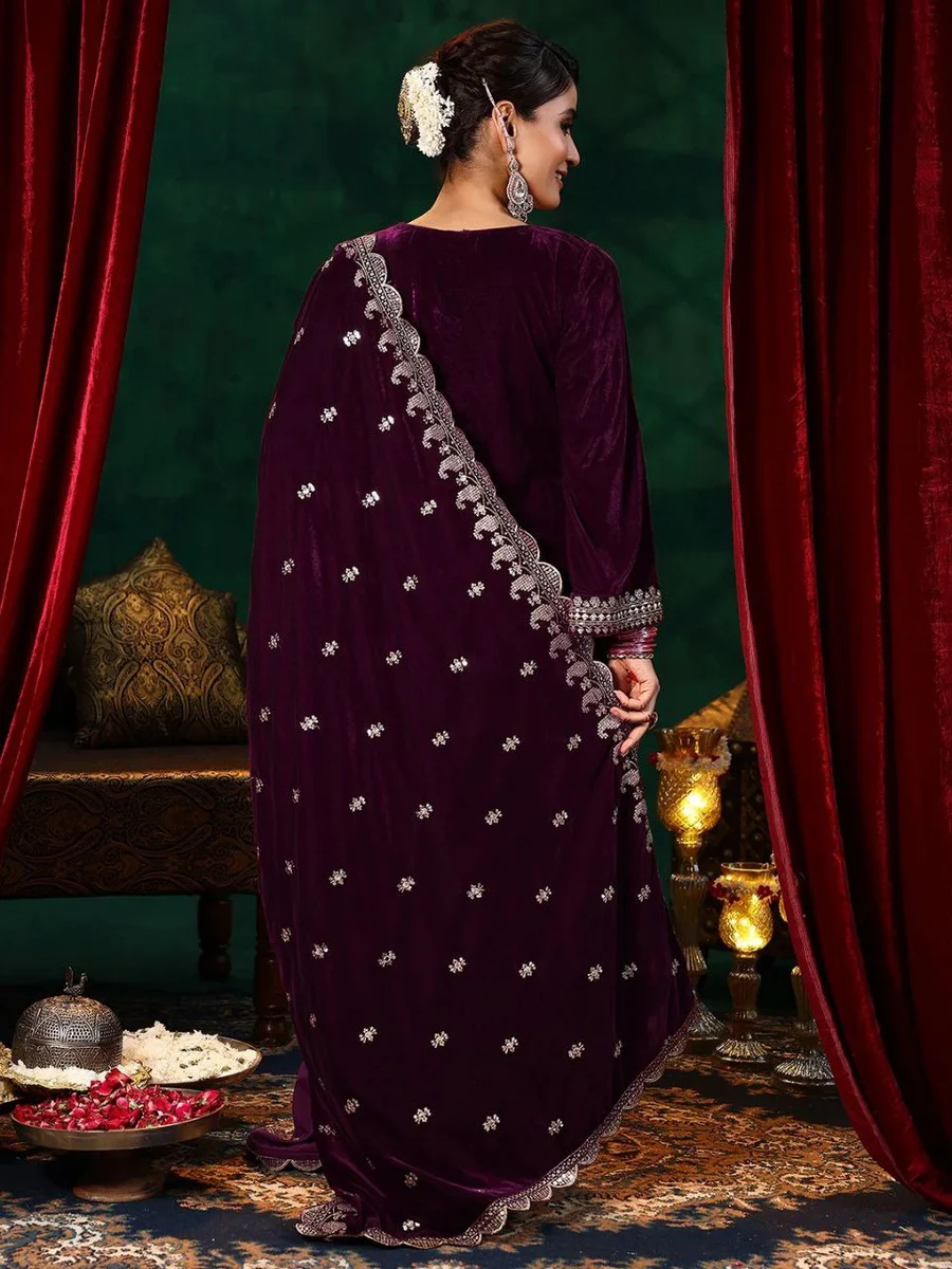 RICH LOOK VELVET SEQUENCE CODING EMBROIDERY WORK TOP BOTTOM WITH DUPATTA FESTIVE WEAR WHOLESALE PRICE ETHNIC GARMENT (4)