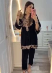 RICH LOOK VELVET SEQUENCE EMBROIDERY WORK TOP PALAZZO SET BLACK