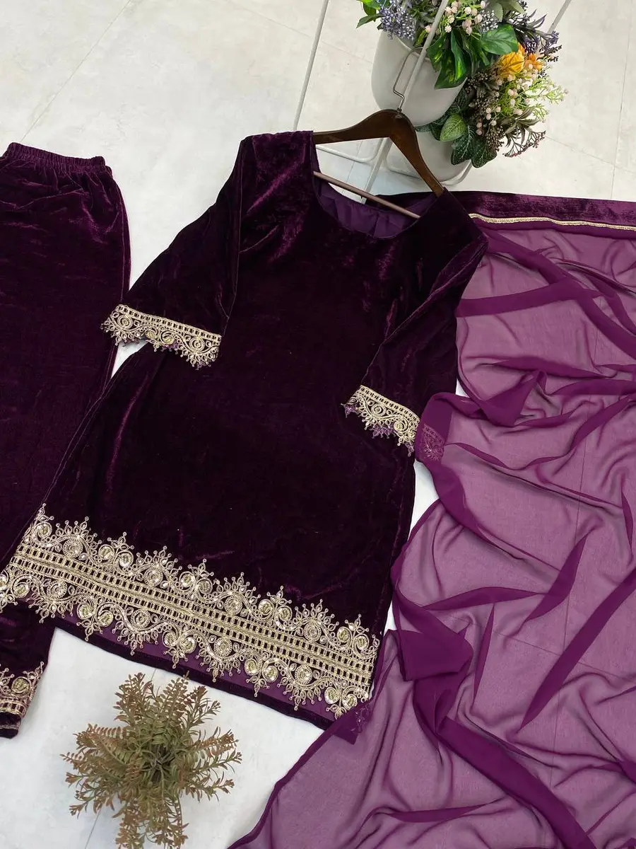 RICH LOOK VELVET SEQUENCE EMBROIDERY WORK TOP PALAZZO WITH DUPATTA FESTIVE WEAR WHOLESALE PRICE ETHNIC GARMENT (1)