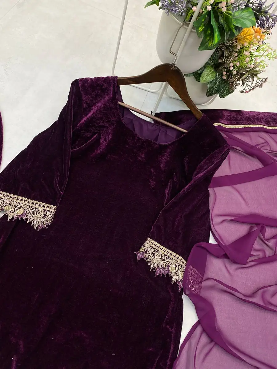 RICH LOOK VELVET SEQUENCE EMBROIDERY WORK TOP PALAZZO WITH DUPATTA FESTIVE WEAR WHOLESALE PRICE ETHNIC GARMENT (10)