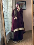 RICH LOOK VELVET SEQUENCE EMBROIDERY WORK TOP PALAZZO WITH DUPATTA  WINE