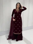 RICH LOOK VELVET SEQUENCE EMBROIDERY WORK TOP PALAZZO WITH DUPATTA MAROON