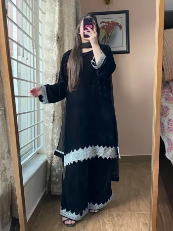 RICH LOOK VELVET SEQUENCE EMBROIDERY WORK TOP PALAZZO WITH DUPATTA  BLACK