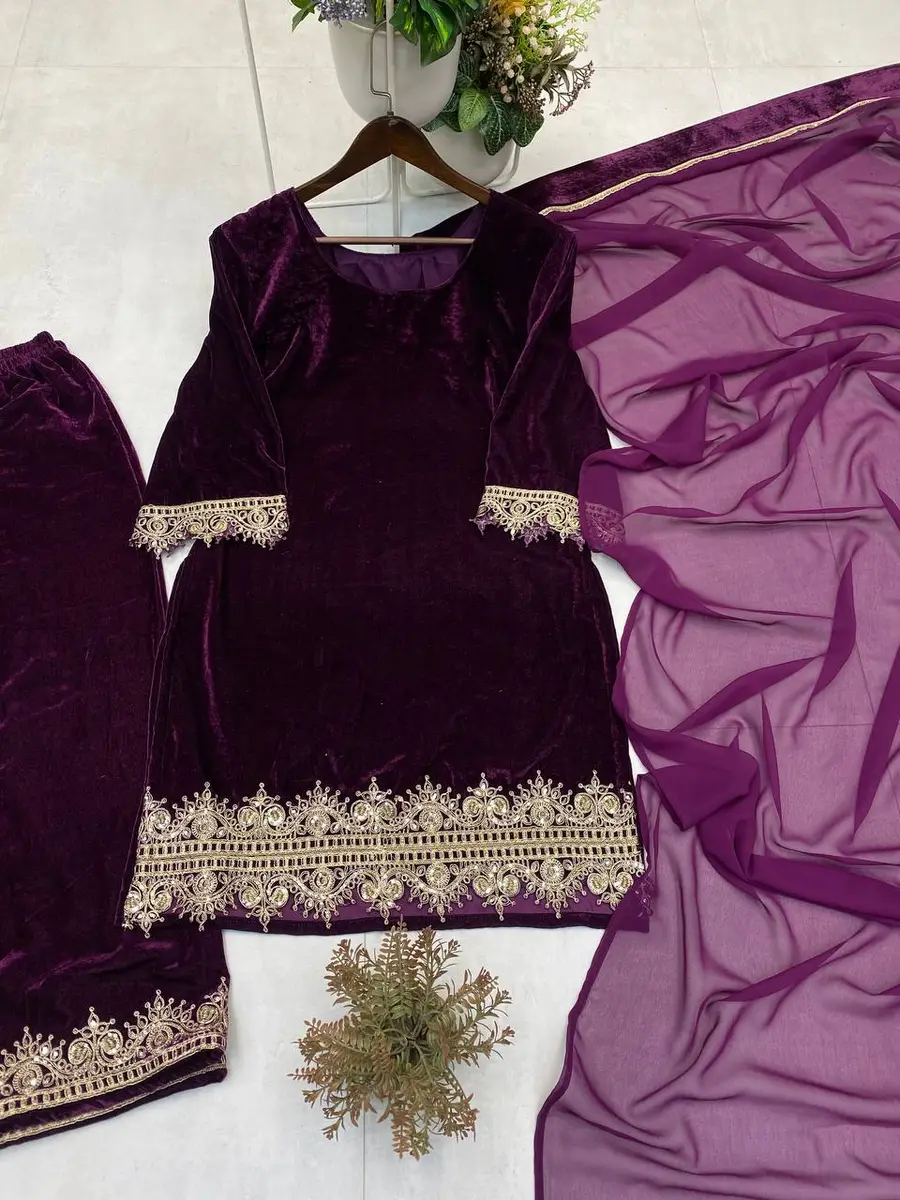 RICH LOOK VELVET SEQUENCE EMBROIDERY WORK TOP PALAZZO WITH DUPATTA FESTIVE WEAR WHOLESALE PRICE ETHNIC GARMENT (8)