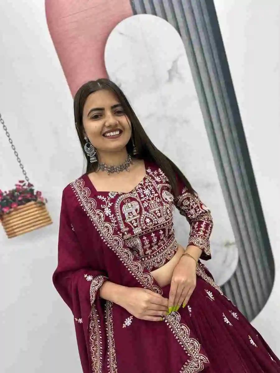 RICH LOOK VICHITRA SILK EMBROIDERY THREAD & SEQUENCE WORK LEHENGA CHOLI WITH DUPATTA WEDDING WEAR WHOLESALE PRICE ETHNIC GARMENT (6)