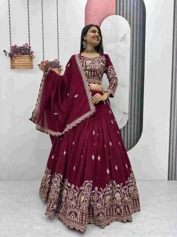 RICH LOOK VICHITRA SILK EMBROIDERY THREAD & SEQUENCE WORK LEHENGA CHOLI WITH DUPATTA WINE