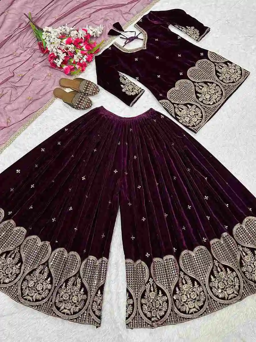 RICH LOOK VISCOSE VELVET EMBROIDERY MULTI NEEDLE SEQUENCE WORK TOP PALAZZO WITH DUPATTA FESTIVE WEAR WHOLESALE PRICE ETHNIC GARMENT (1)
