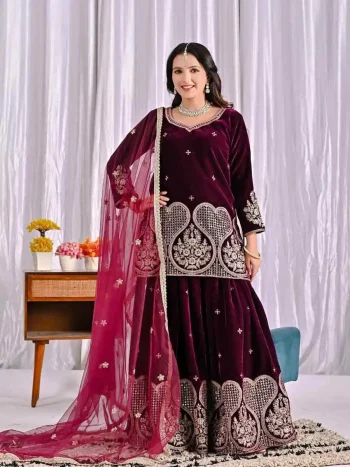 RICH LOOK VISCOSE VELVET EMBROIDERY MULTI NEEDLE SEQUENCE WORK TOP PALAZZO WITH DUPATTA MAROON