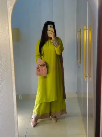 THRENDING GEORGETTE EMBROIDERY SEQUENCE WORK TOP PALAZZO WITH DUPATTA PARROT GREEN