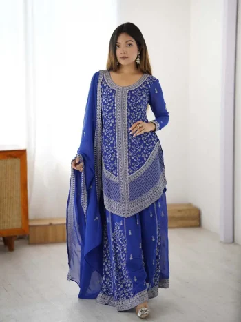 TRADITIONAL GEORGETTE EMBROIDERY WITH SEQUENCE & THREAD WORK TOP PALAZZO WITH DUPATTA BLUE