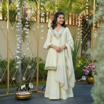 TRENDING COSMOS SILK THREAD WITH REAL MIRROR WORK KID'S TOP SHARARA WITH DUPATTA OFF WHITE